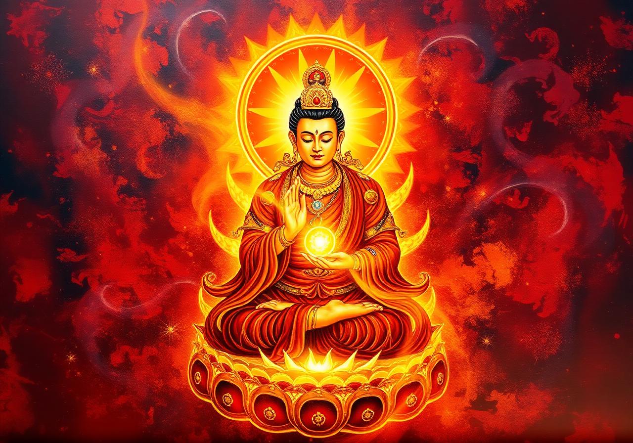 Vajrayana tantric deity wreathed in crimson and gold flames