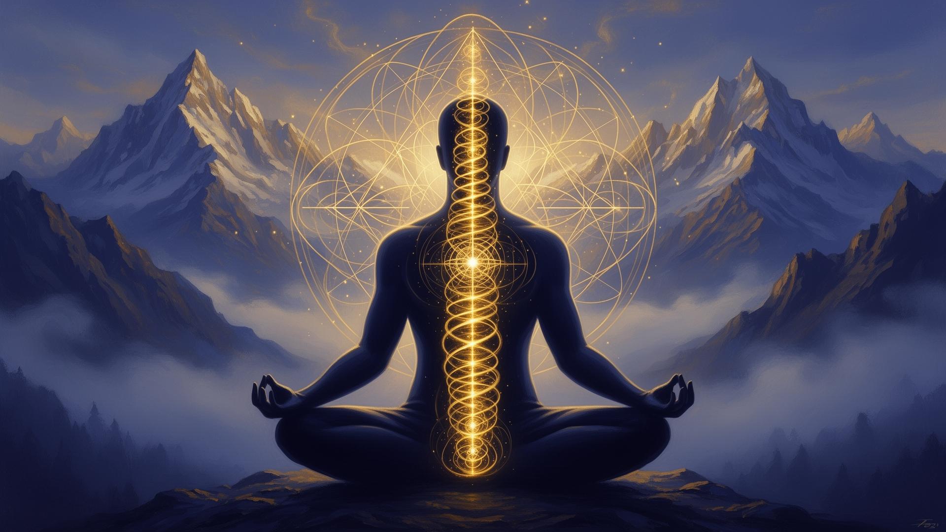 Meditating figure with golden microcosmic orbit energy spiraling along the spine