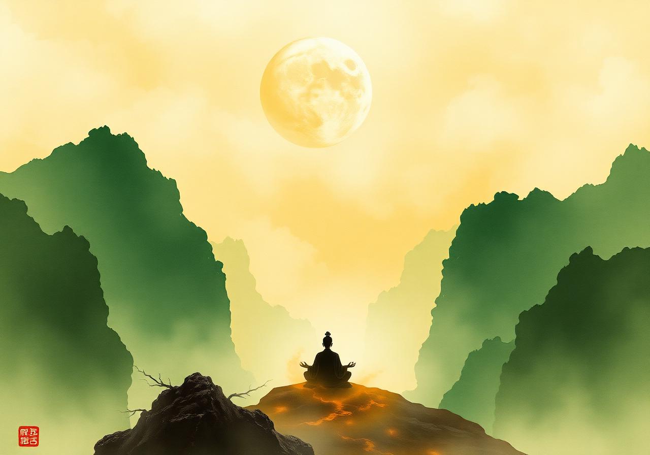 Taoist sage meditating in misty green mountains under full moon