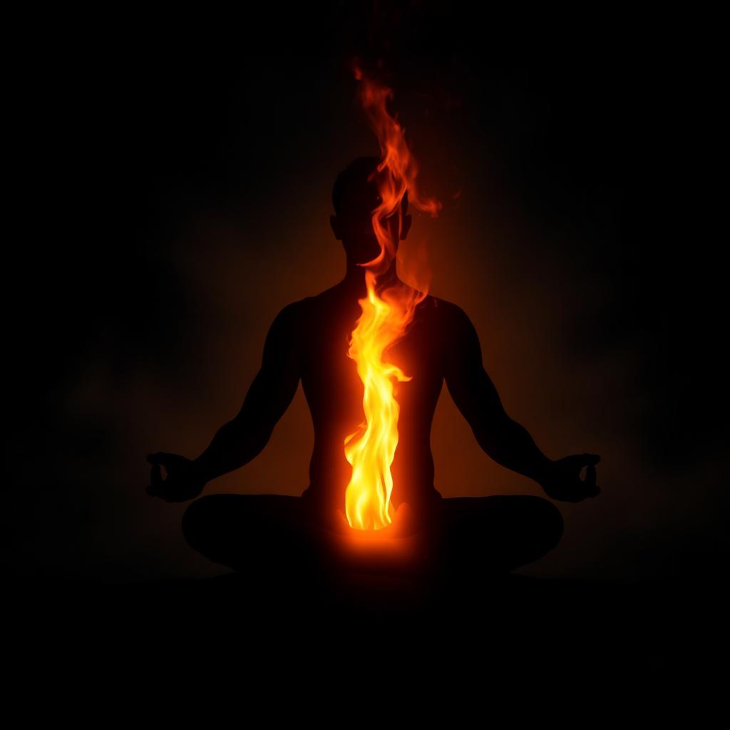 Silhouette of meditator with inner fire rising along central channel